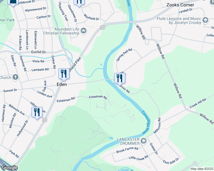map of restaurants, bars, coffee shops, grocery stores, and more near 1891 Eden Road in Lancaster