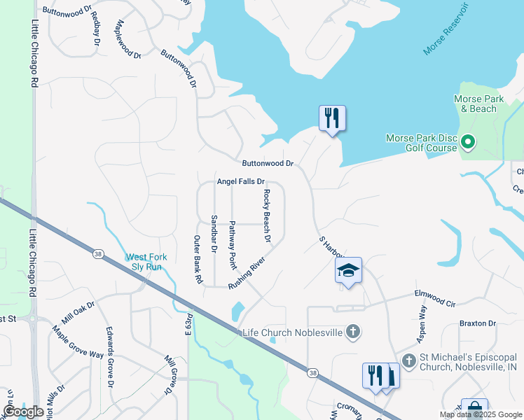 map of restaurants, bars, coffee shops, grocery stores, and more near 19461 Rocky Beach Drive in Noblesville