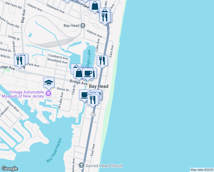 map of restaurants, bars, coffee shops, grocery stores, and more near 406 East Avenue in Bay Head