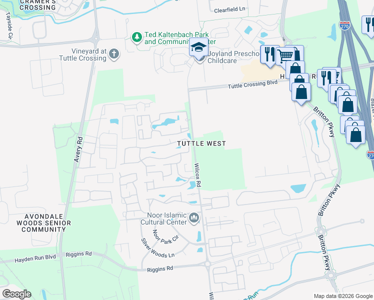 map of restaurants, bars, coffee shops, grocery stores, and more near 4880 Aspen Pine Boulevard in Dublin