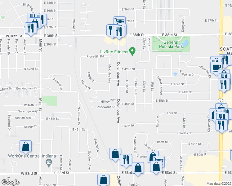 map of restaurants, bars, coffee shops, grocery stores, and more near 4425 Columbus Avenue in Anderson