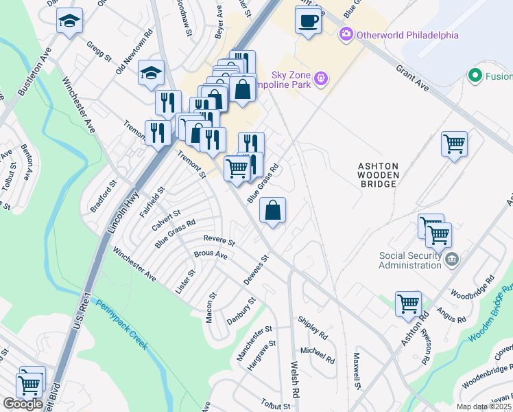 map of restaurants, bars, coffee shops, grocery stores, and more near 9119 Blue Grass Road in Philadelphia