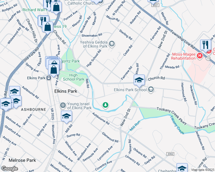 map of restaurants, bars, coffee shops, grocery stores, and more near 238 Church Road in Elkins Park