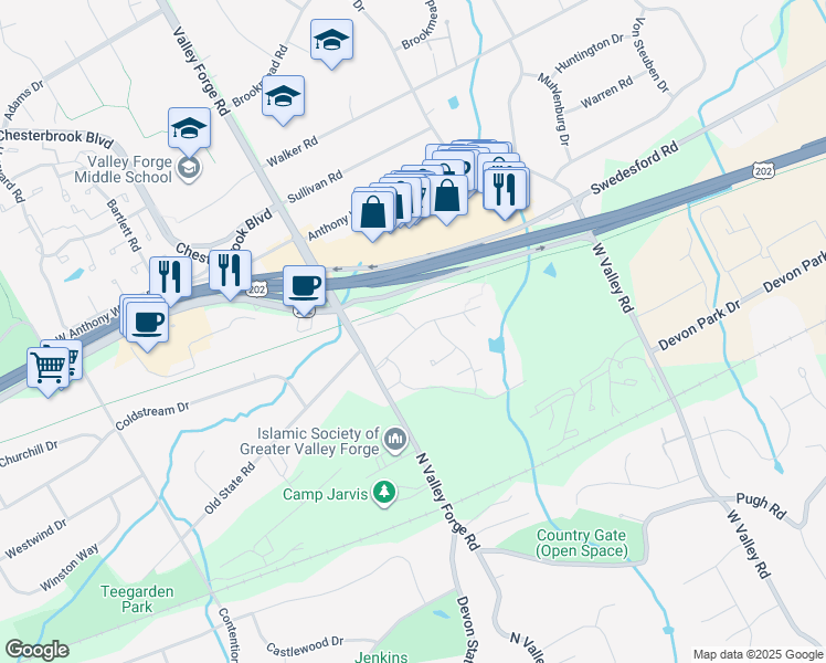 map of restaurants, bars, coffee shops, grocery stores, and more near 96 Old Forge Crossing in Devon