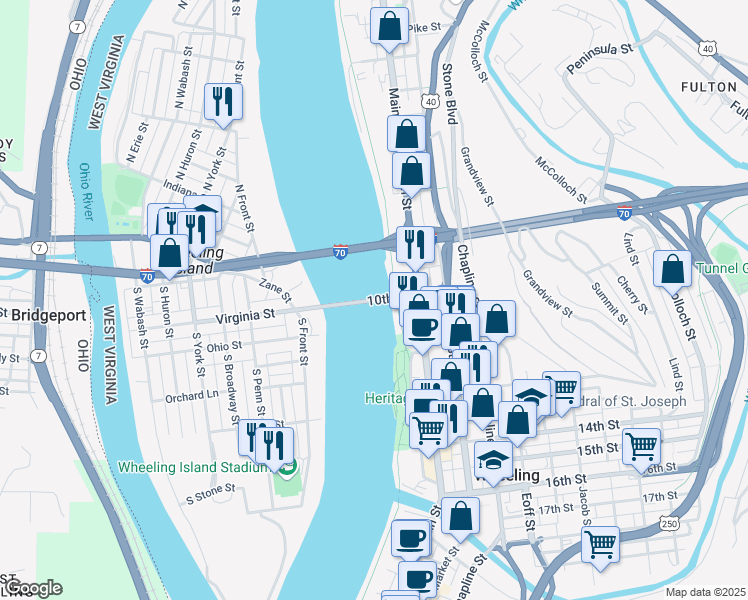 map of restaurants, bars, coffee shops, grocery stores, and more near 10th Street in Wheeling