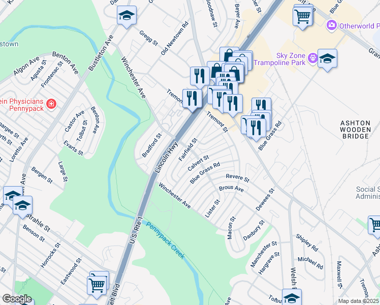map of restaurants, bars, coffee shops, grocery stores, and more near 8901 Roosevelt Boulevard in Philadelphia