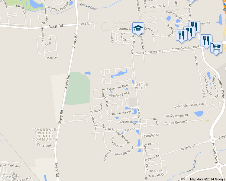 map of restaurants, bars, coffee shops, grocery stores, and more near 5303 Wilcox Road in Dublin