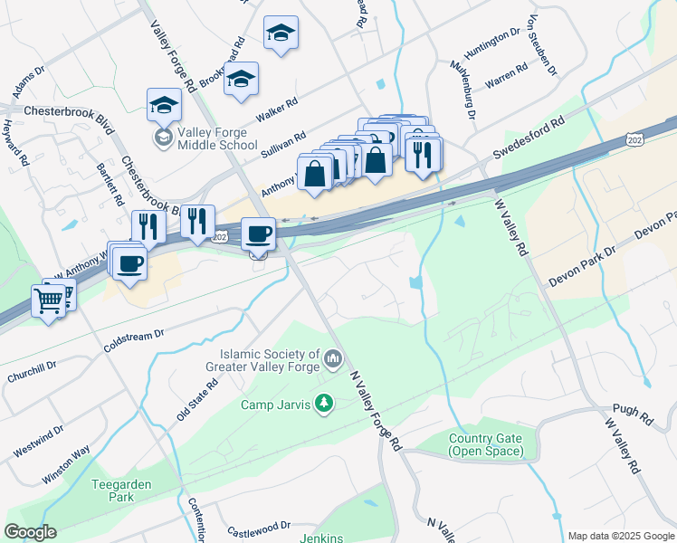 map of restaurants, bars, coffee shops, grocery stores, and more near 82 Old Forge Crossing in Devon