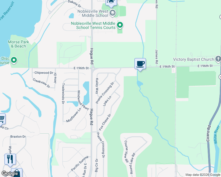 map of restaurants, bars, coffee shops, grocery stores, and more near 19486 Prairie Crossing Drive in Noblesville