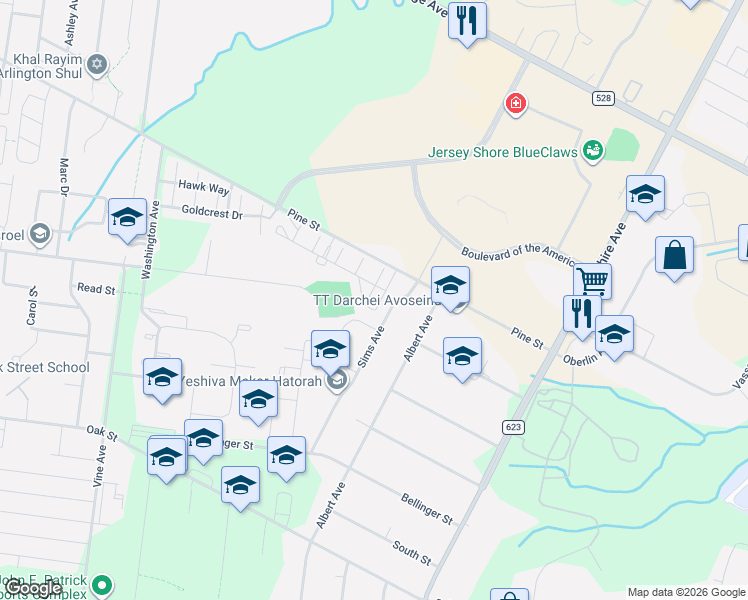 map of restaurants, bars, coffee shops, grocery stores, and more near 101 Canary Drive in Lakewood