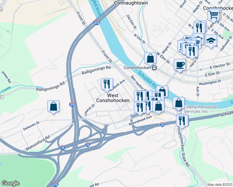 map of restaurants, bars, coffee shops, grocery stores, and more near 300 Bullock Avenue in Conshohocken
