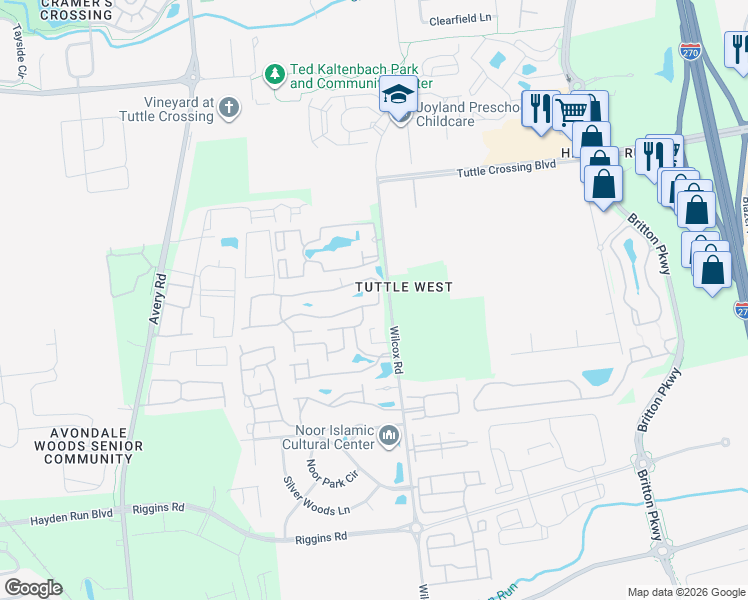 map of restaurants, bars, coffee shops, grocery stores, and more near 4880 Aspen Pine Boulevard in Dublin