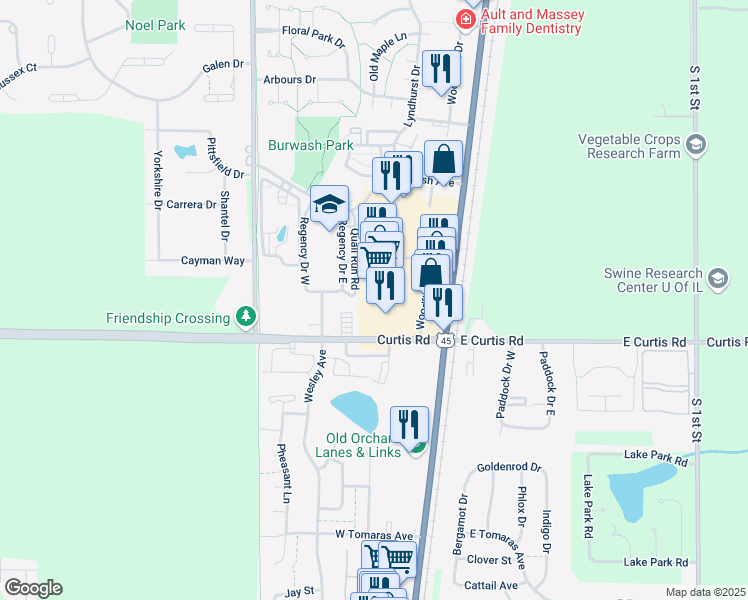 map of restaurants, bars, coffee shops, grocery stores, and more near 1316 Quail Run Drive in Savoy