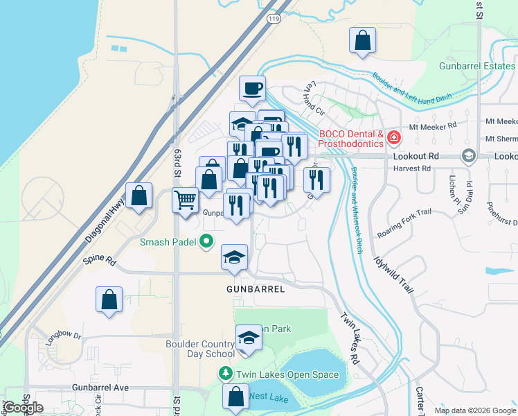 map of restaurants, bars, coffee shops, grocery stores, and more near 6565 Gunpark Drive in Boulder