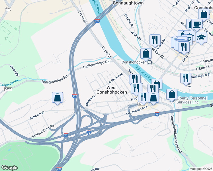 map of restaurants, bars, coffee shops, grocery stores, and more near 405 Bullock Avenue in Conshohocken