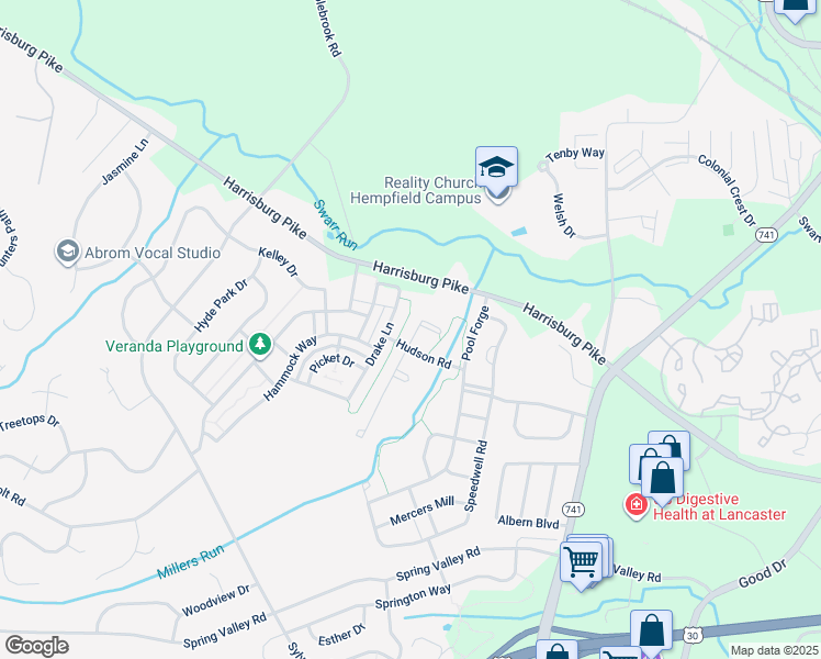 map of restaurants, bars, coffee shops, grocery stores, and more near 1530 Parvin Road in Lancaster