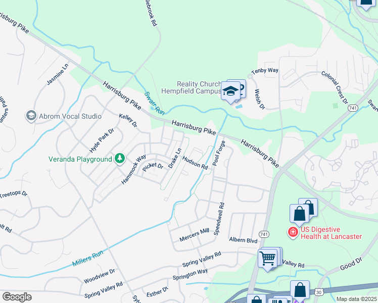 map of restaurants, bars, coffee shops, grocery stores, and more near 1530 Parvin Road in Lancaster