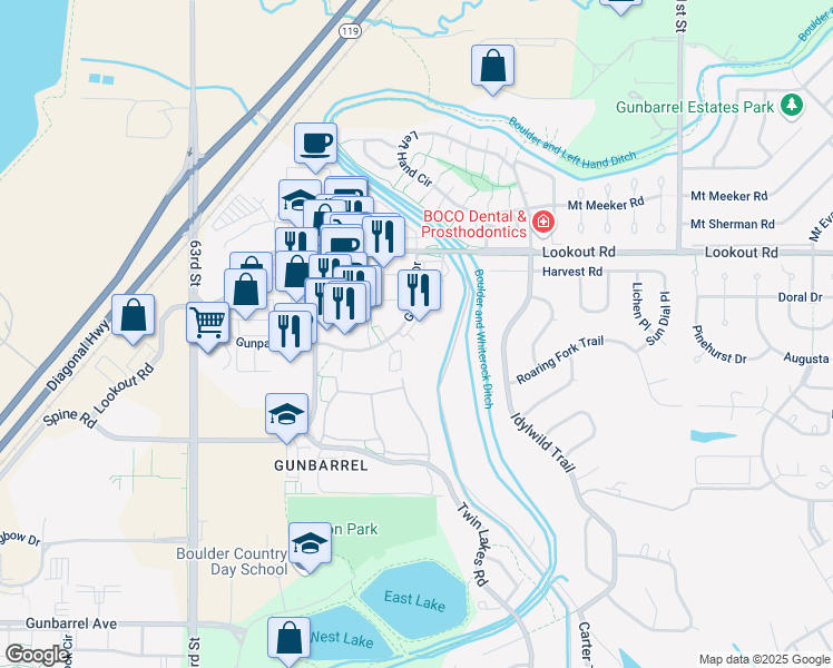 map of restaurants, bars, coffee shops, grocery stores, and more near 6672 Gunpark Drive in Boulder