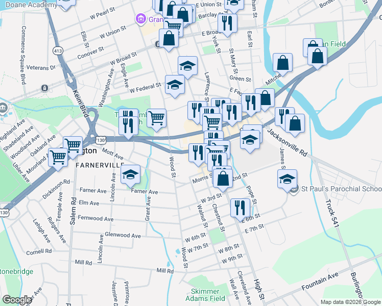 map of restaurants, bars, coffee shops, grocery stores, and more near 58 U.S. 130 in Burlington