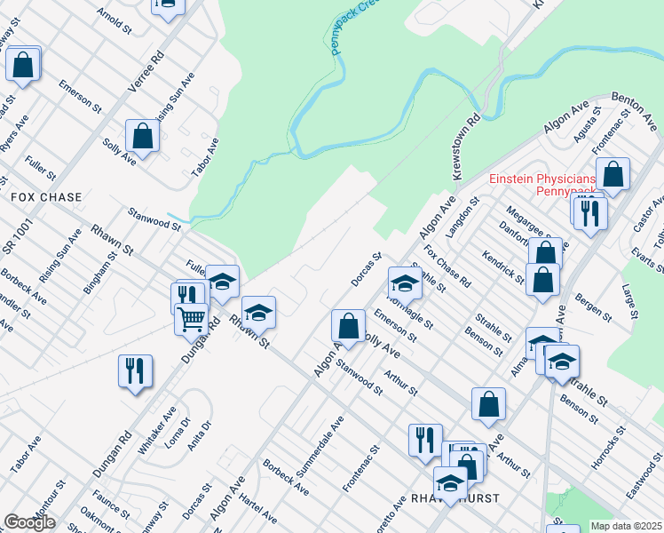map of restaurants, bars, coffee shops, grocery stores, and more near 8205 Rose Petal Drive in Philadelphia