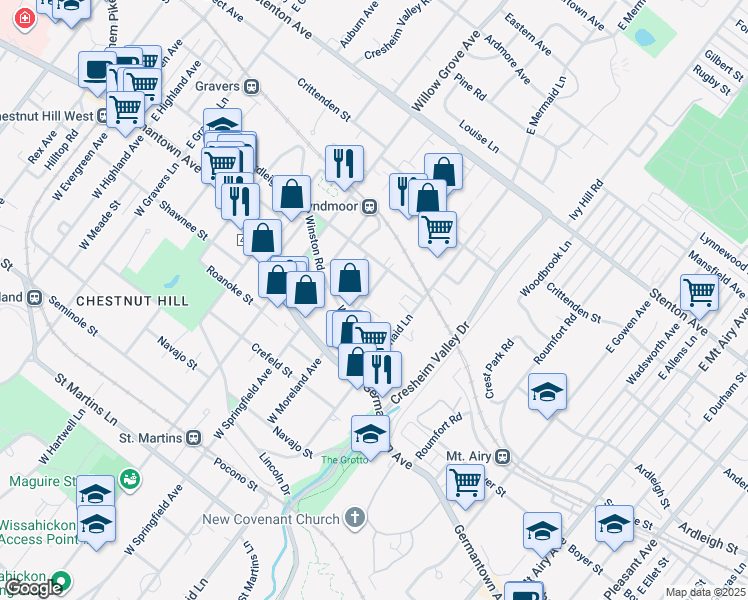 map of restaurants, bars, coffee shops, grocery stores, and more near 106 East Moreland Avenue in Philadelphia