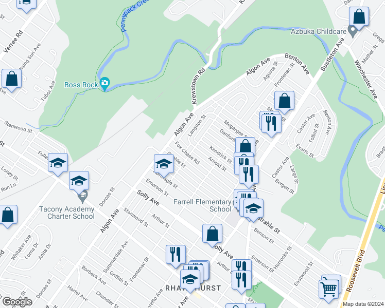 map of restaurants, bars, coffee shops, grocery stores, and more near 1701 Fox Chase Road in Philadelphia