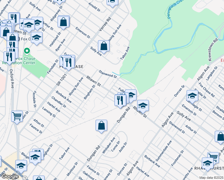 map of restaurants, bars, coffee shops, grocery stores, and more near 1201 Rhawn Street in Philadelphia