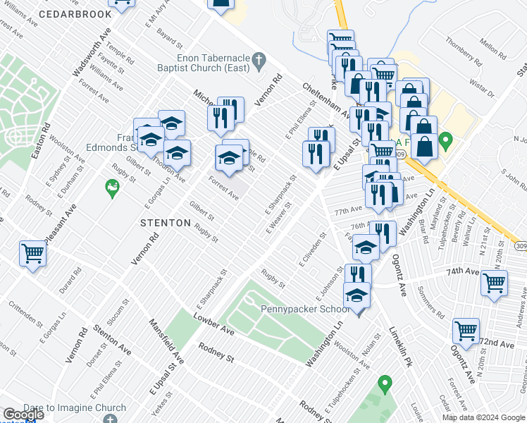 map of restaurants, bars, coffee shops, grocery stores, and more near 7803 Forrest Avenue in Philadelphia