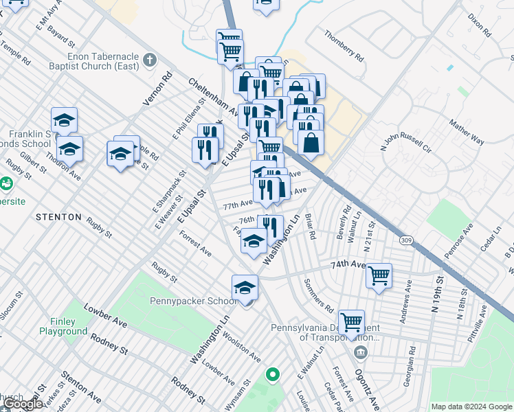 map of restaurants, bars, coffee shops, grocery stores, and more near 2424 77th Avenue in Philadelphia