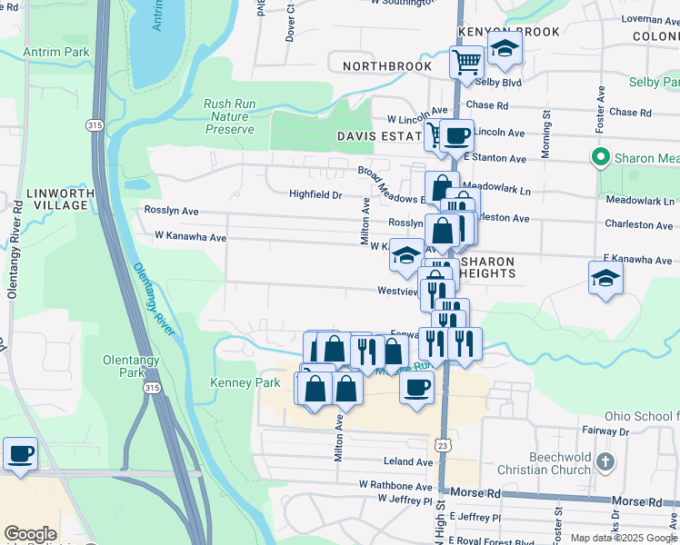 map of restaurants, bars, coffee shops, grocery stores, and more near 213 West Kanawha Avenue in Columbus