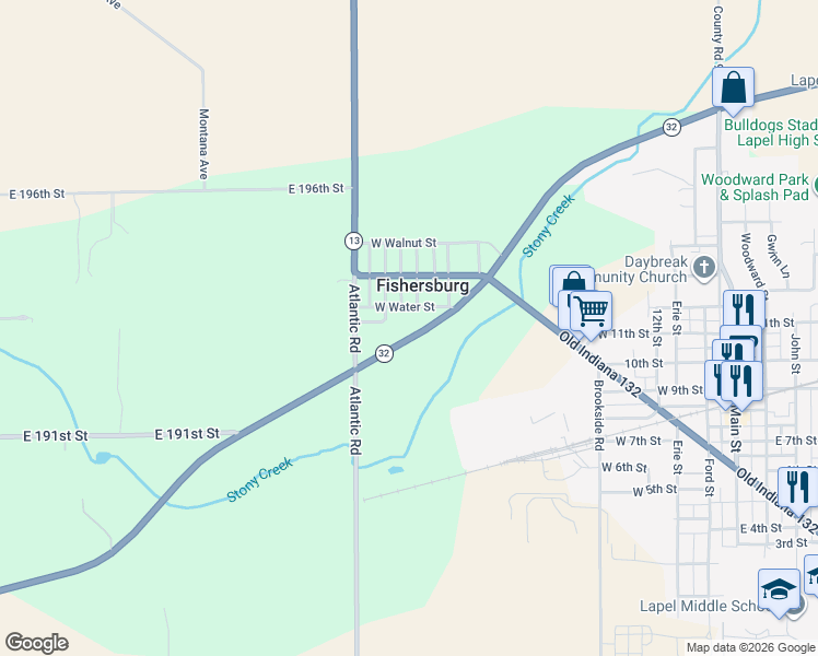 map of restaurants, bars, coffee shops, grocery stores, and more near 9912 West Water Street in Lapel
