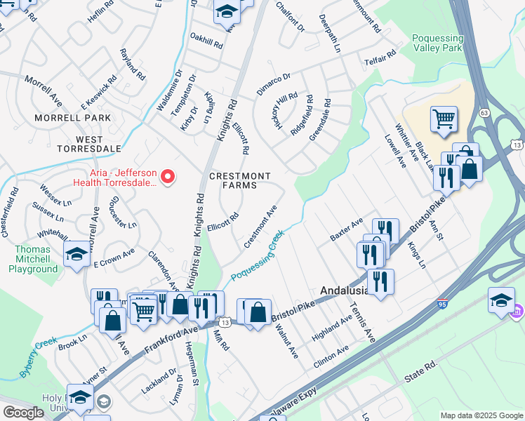 map of restaurants, bars, coffee shops, grocery stores, and more near 10860 Crestmont Avenue in Philadelphia