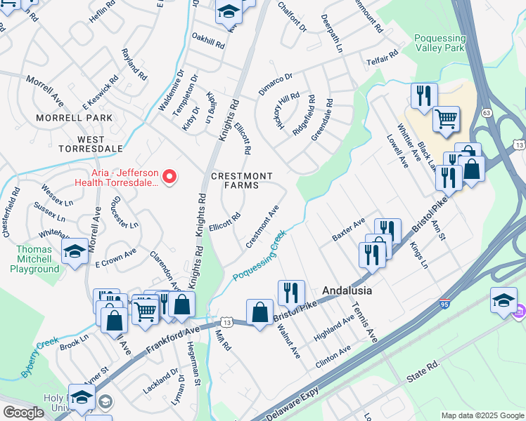 map of restaurants, bars, coffee shops, grocery stores, and more near 10860 Crestmont Avenue in Philadelphia
