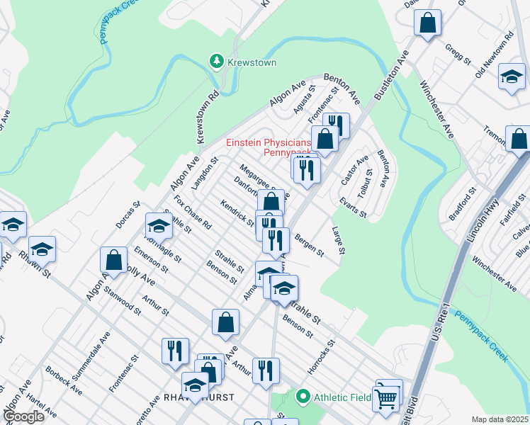 map of restaurants, bars, coffee shops, grocery stores, and more near 1812 Danforth Street in Philadelphia