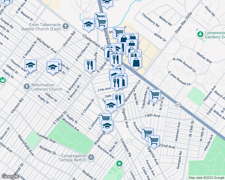 map of restaurants, bars, coffee shops, grocery stores, and more near 2424 77th Avenue in Philadelphia