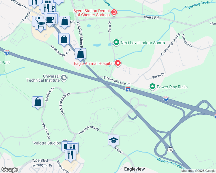 map of restaurants, bars, coffee shops, grocery stores, and more near Rte 100 & Pennsylvania Dr in Chester