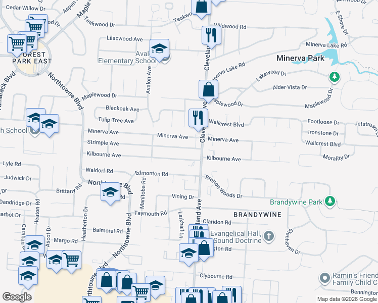 map of restaurants, bars, coffee shops, grocery stores, and more near 2601 Minerva Avenue in Columbus