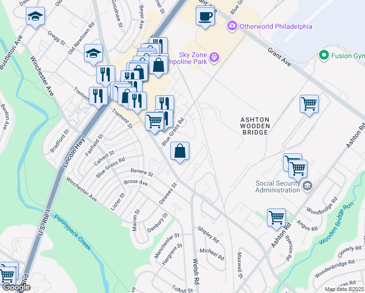 map of restaurants, bars, coffee shops, grocery stores, and more near 9119 Blue Grass Road in Philadelphia