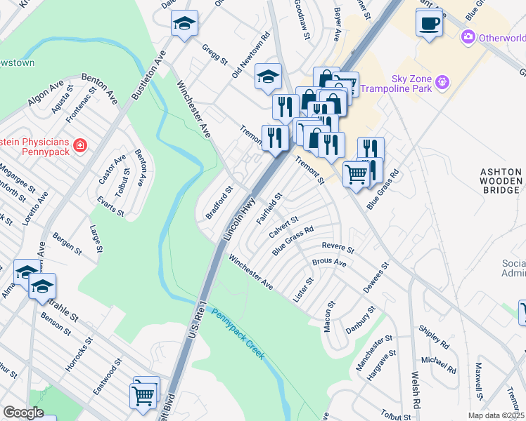 map of restaurants, bars, coffee shops, grocery stores, and more near 8858 Fairfield Street in Philadelphia
