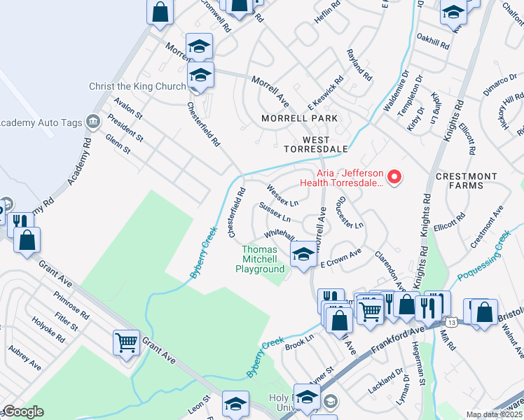 map of restaurants, bars, coffee shops, grocery stores, and more near 3605 Sussex Lane in Philadelphia