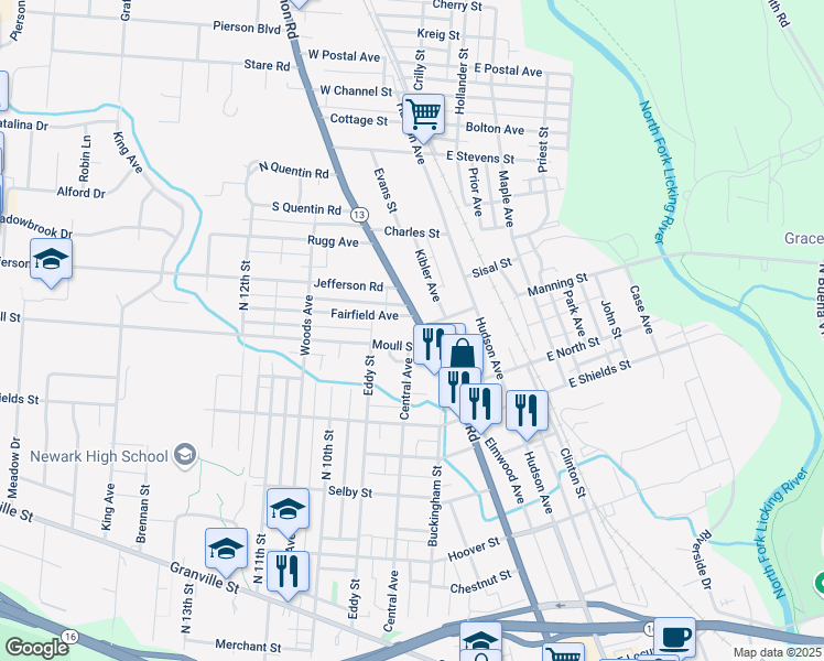 map of restaurants, bars, coffee shops, grocery stores, and more near 505 Ohio 13 in Newark