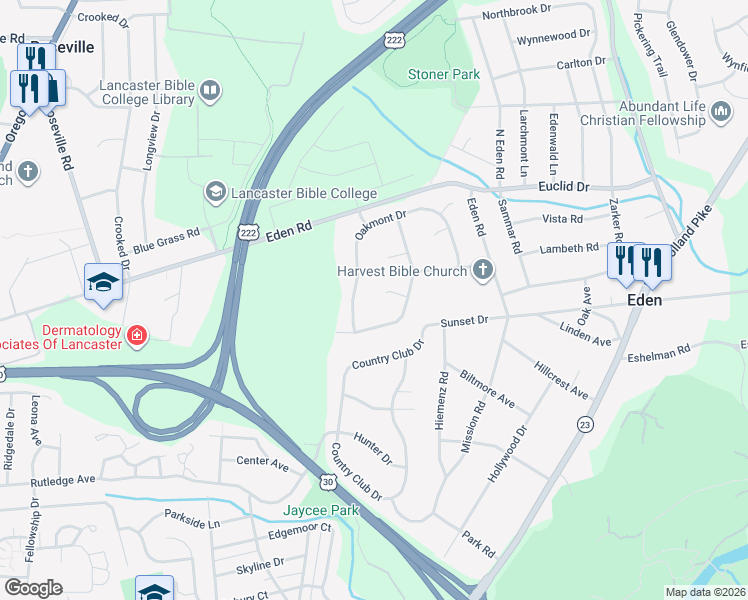 map of restaurants, bars, coffee shops, grocery stores, and more near 221 Wren Way in Lancaster