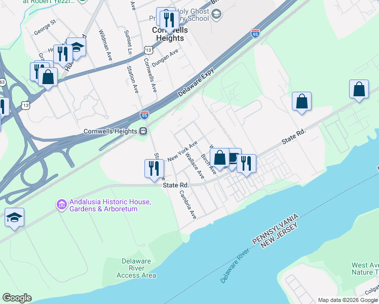 map of restaurants, bars, coffee shops, grocery stores, and more near 2215 New York Avenue in Bensalem