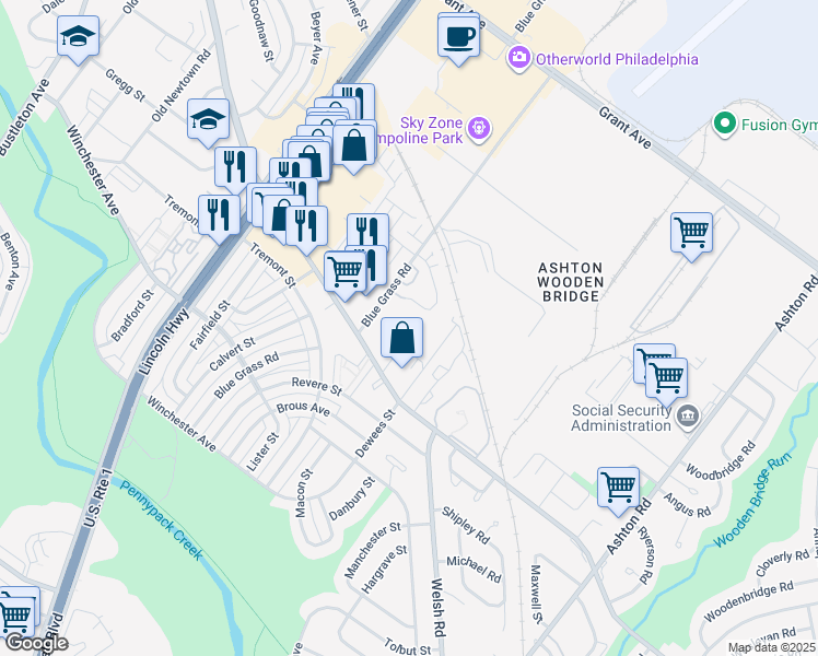 map of restaurants, bars, coffee shops, grocery stores, and more near 9119 Blue Grass Road in Philadelphia