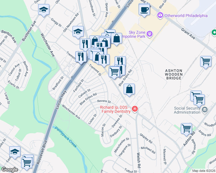 map of restaurants, bars, coffee shops, grocery stores, and more near 2621 Tremont Street in Philadelphia