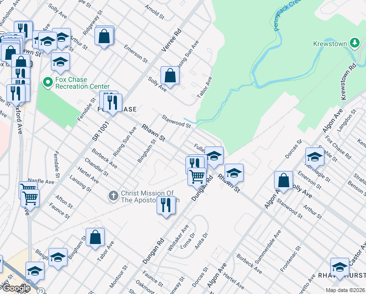 map of restaurants, bars, coffee shops, grocery stores, and more near 8015 Lawndale Street in Philadelphia