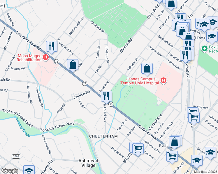 map of restaurants, bars, coffee shops, grocery stores, and more near 118 Mayfield Avenue in Jenkintown