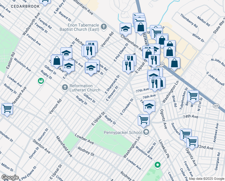 map of restaurants, bars, coffee shops, grocery stores, and more near 1412 East Sharpnack Street in Philadelphia