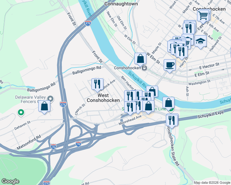 map of restaurants, bars, coffee shops, grocery stores, and more near 160 Merion Avenue in Conshohocken