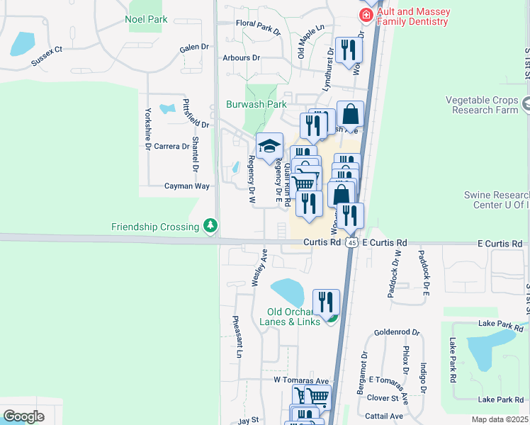 map of restaurants, bars, coffee shops, grocery stores, and more near 1304 Regency Drive East in Savoy
